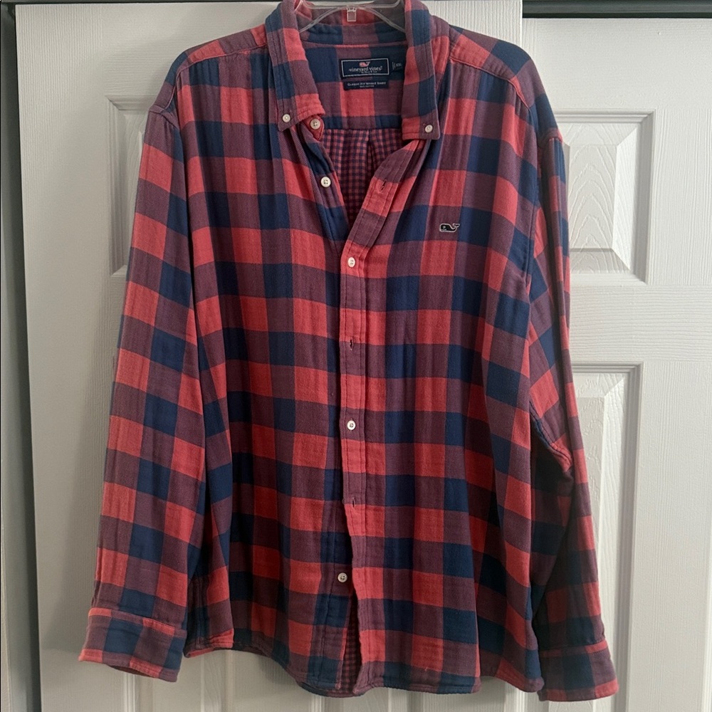 Vineyard Vines Men's Red and Navy Checkered Flannel Shirt